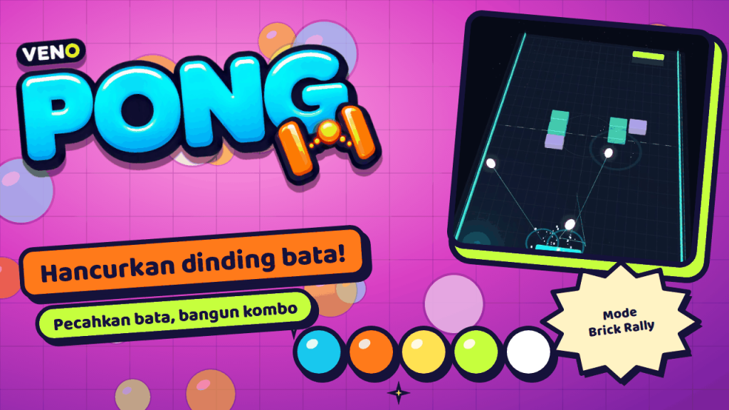 Mode Brick Rally di VENO Pong dengan bata menyala di tengah lapangan