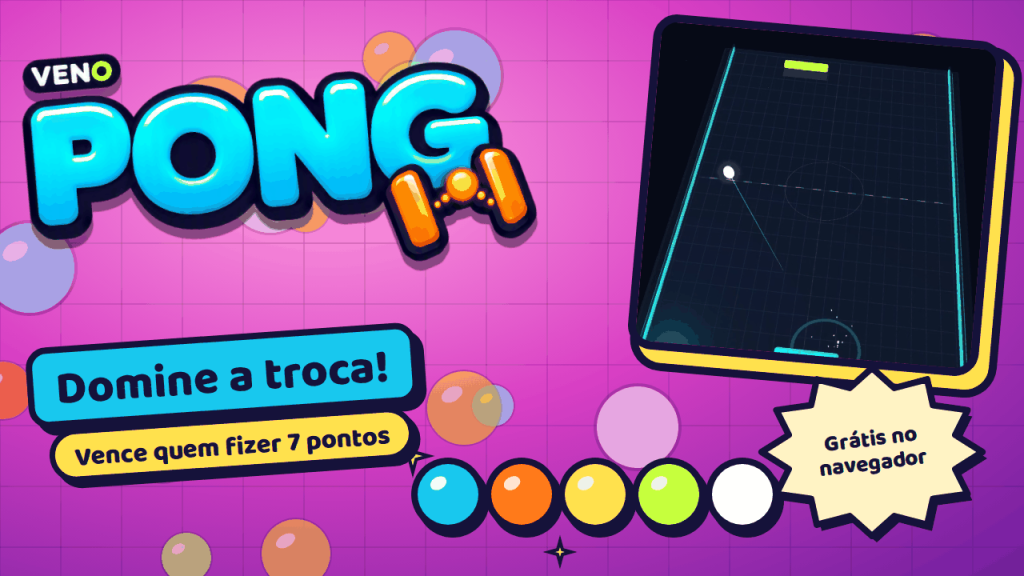 Troca de bolas na quadra 3D neon do VENO Pong com a bola indo para a raquete adversária