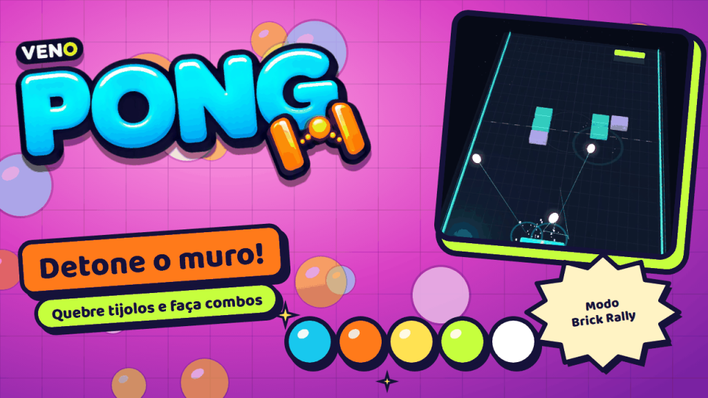 Modo Brick Rally do VENO Pong com tijolos brilhantes no meio da quadra