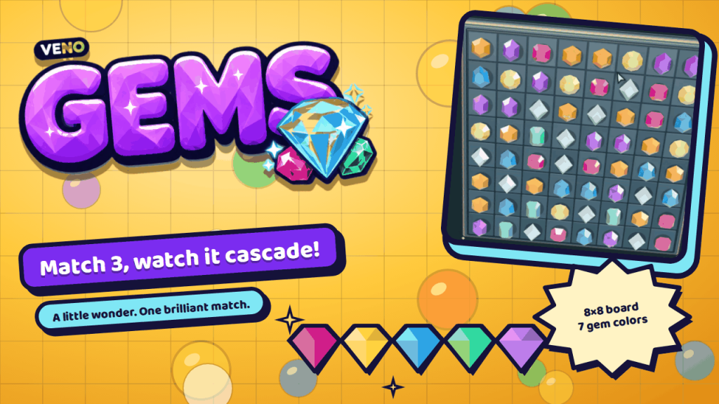 VENO Gems 8×8 board on desktop full of colored gems