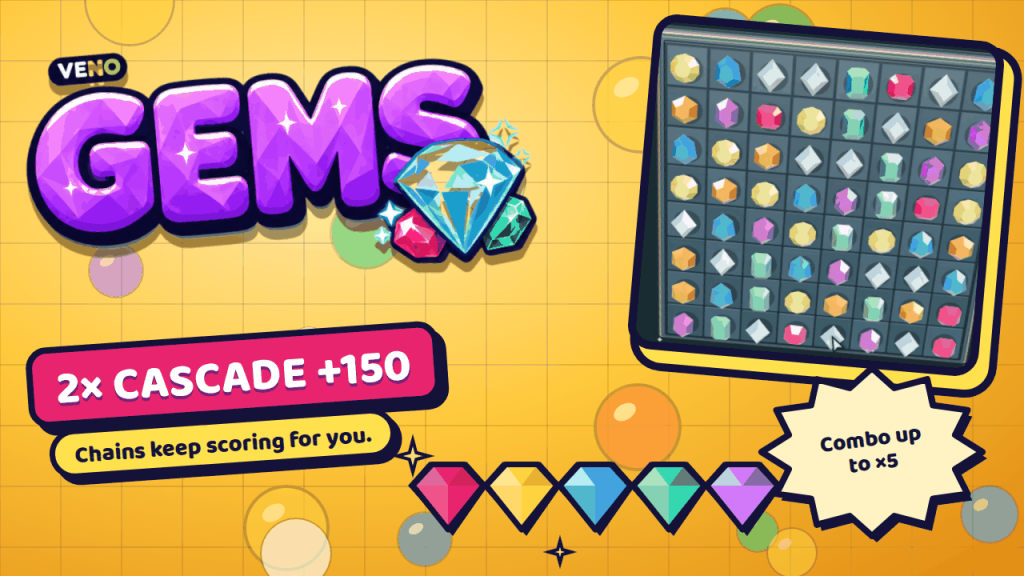 VENO Gems board later in a run with a higher score