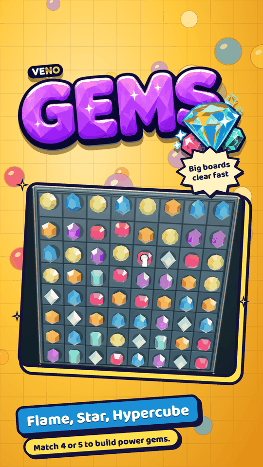 VENO Gems board on mobile during a cascade