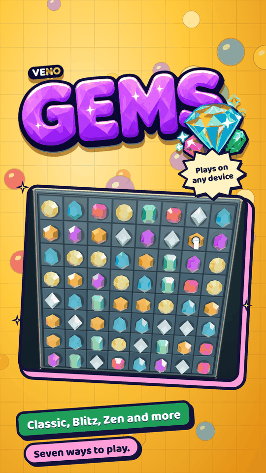 VENO Gems board on mobile with a full jewel grid