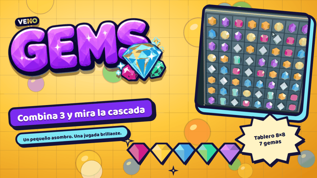 Tablero 8×8 de VENO Gems en ordenador lleno de gemas