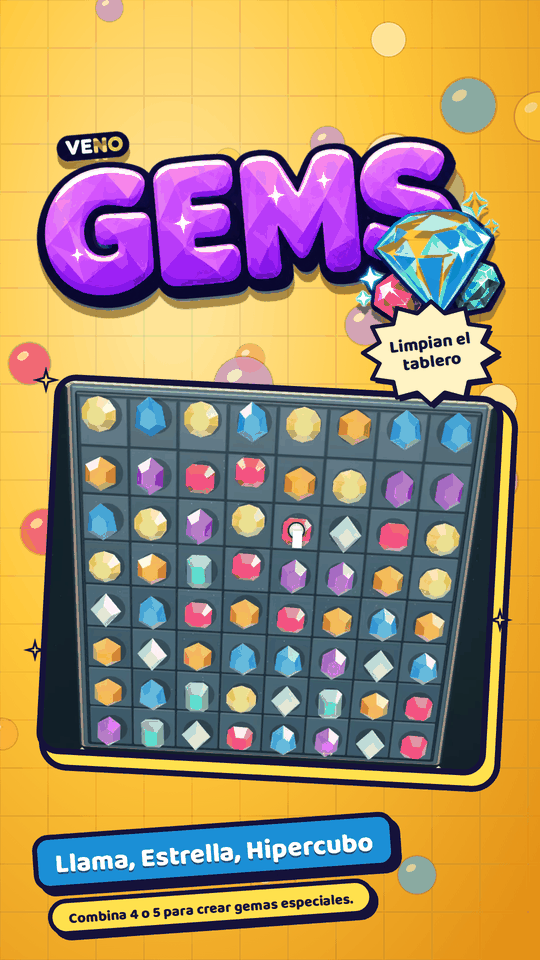 Tablero de VENO Gems en el móvil durante una cascada