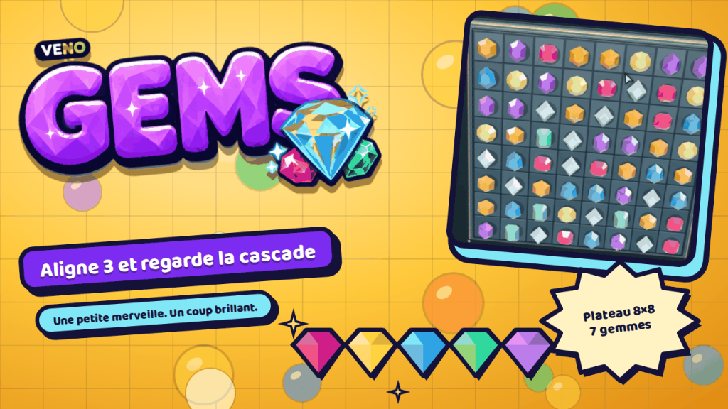 Plateau 8×8 de VENO Gems sur ordinateur rempli de gemmes