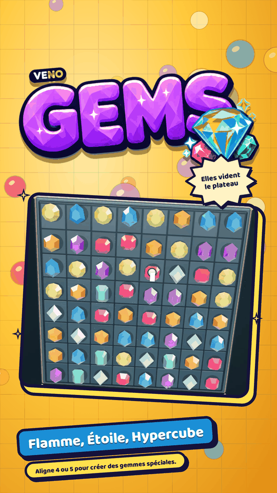 Plateau de VENO Gems sur mobile pendant une cascade