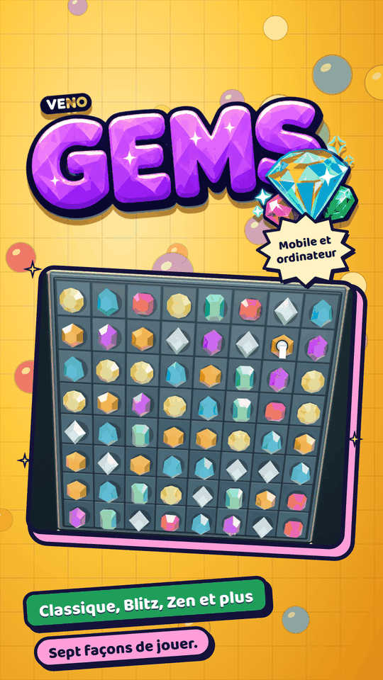 Plateau de VENO Gems sur mobile rempli de joyaux