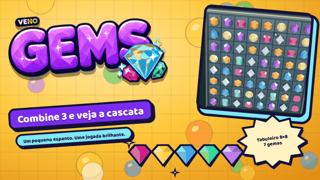 Tabuleiro 8×8 do VENO Gems no computador cheio de gemas