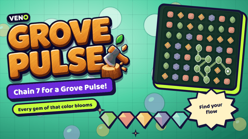 A winding chain of green leaf gems building toward a Grove Pulse