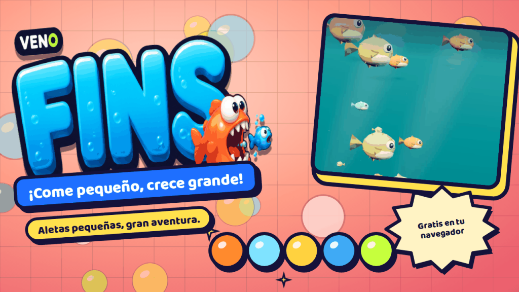 Un pez pequeño nadando entre peces globo y peces naranjas en un arrecife 3D