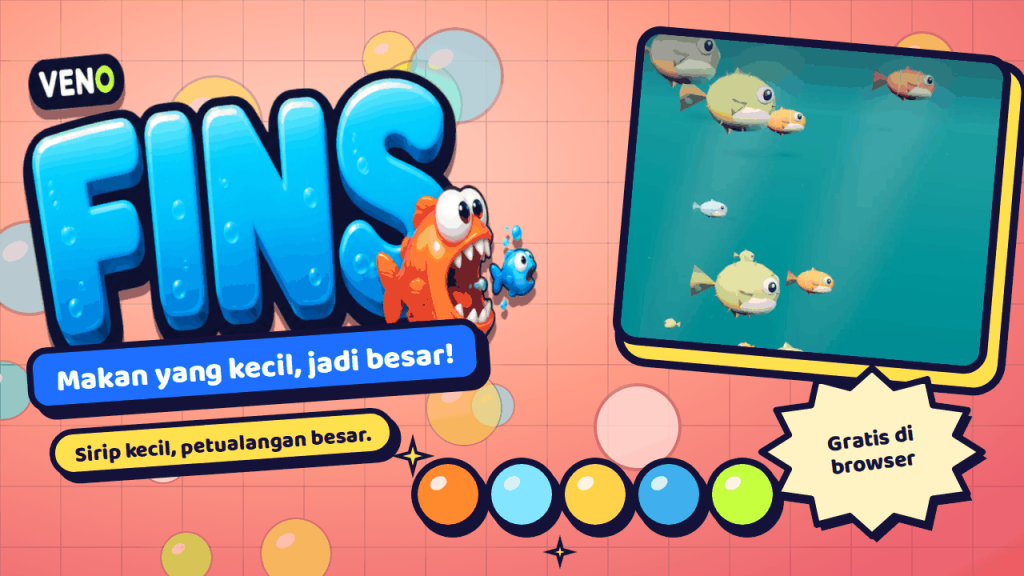 Ikan kecil berenang di antara ikan buntal dan ikan oranye di terumbu 3D