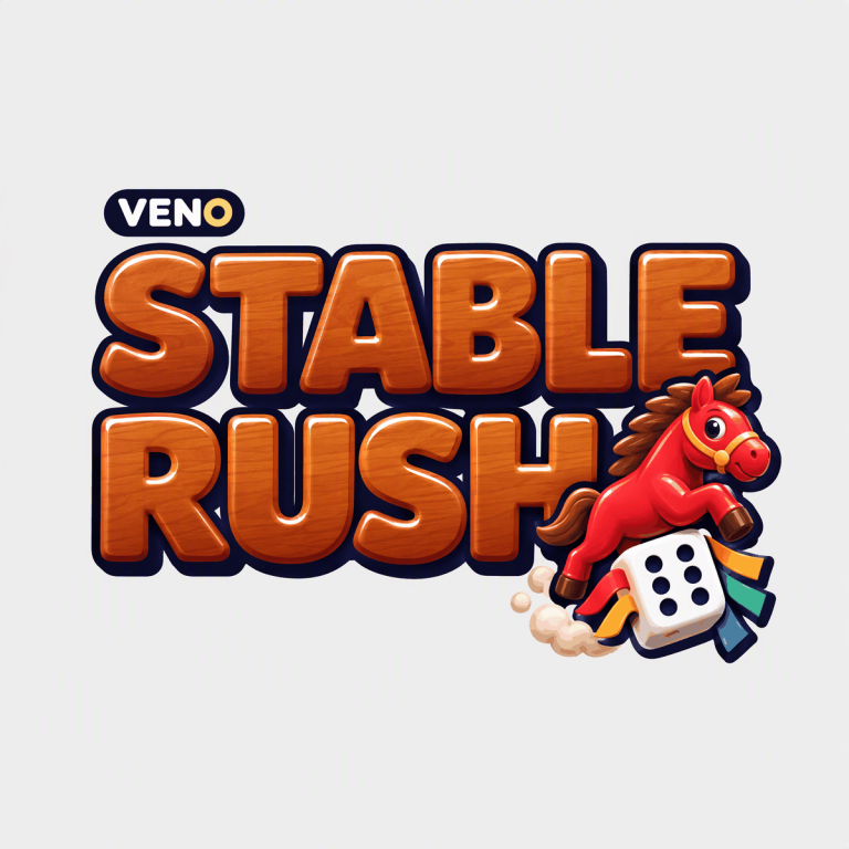 Logotipo de VENO Stable Rush con un caballo de juguete rojo y un dado