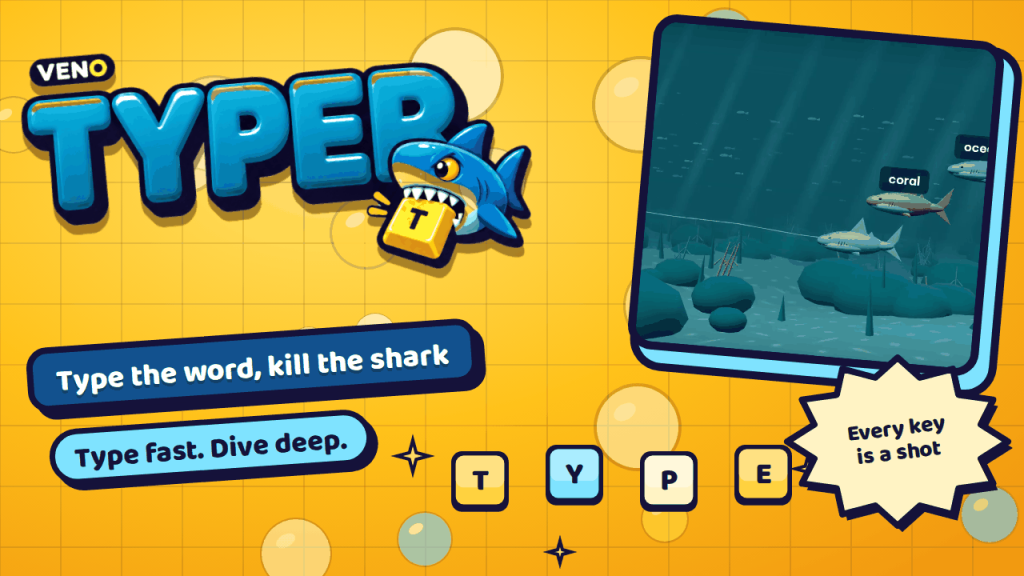 VENO Typer gameplay on desktop with word-carrying fish
