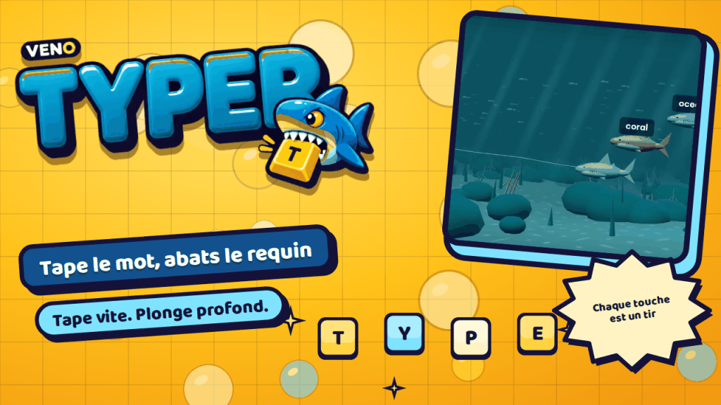 Partie de VENO Typer sur ordinateur avec des poissons porteurs de mots