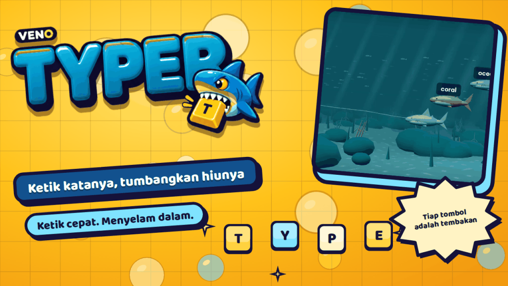 Permainan VENO Typer di komputer dengan ikan pembawa kata