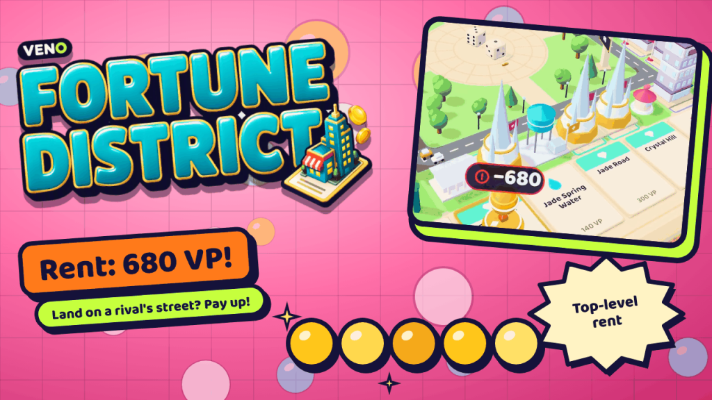 A player pays 680 VP rent on a top-level district with crystal towers