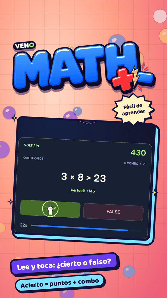 Pantalla vertical de VENO Math con 3 × 8 > 23 respondida como verdadera