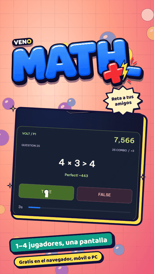 Final de ronda en VENO Math con 4 × 3 > 4, combo 25 y 3 segundos