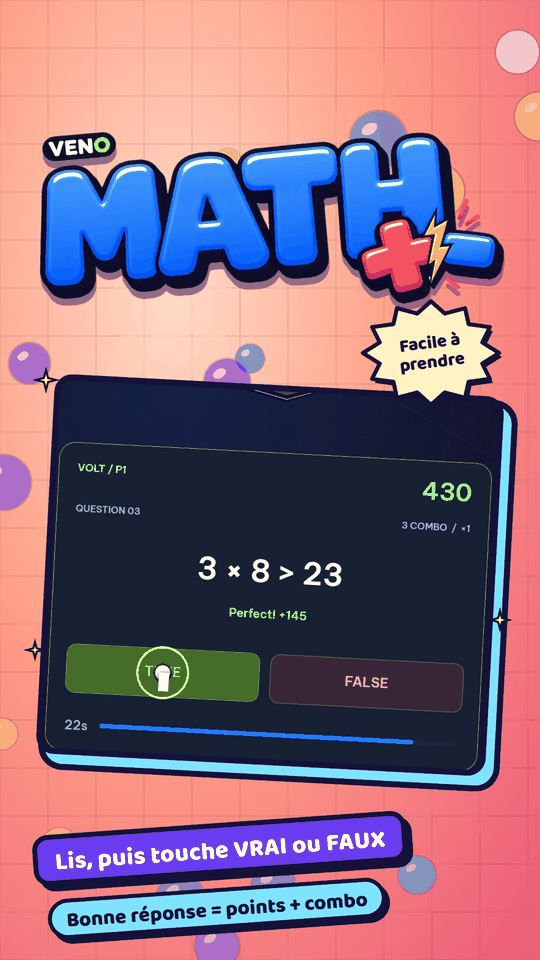 Écran vertical de VENO Math avec 3 × 8 > 23 jugé vrai pour un bonus Perfect