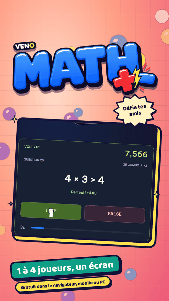 Fin de manche VENO Math avec 4 × 3 > 4, combo de 25 et 3 secondes restantes