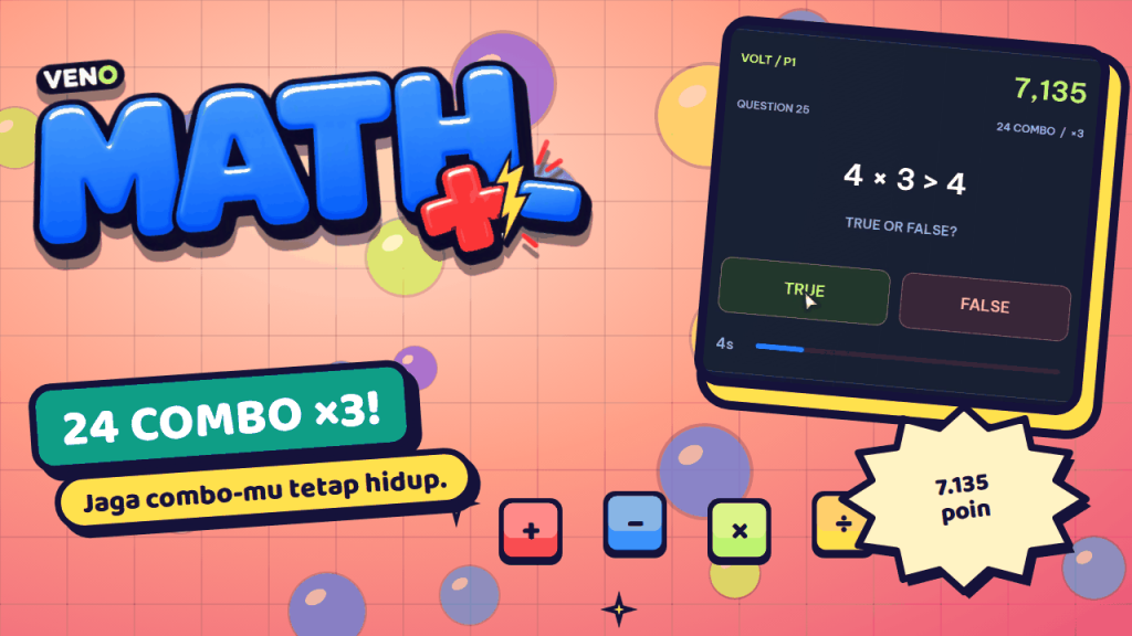 Soal ke-25 VENO Math dengan 24 combo, pengali ×3 dan 7.135 poin
