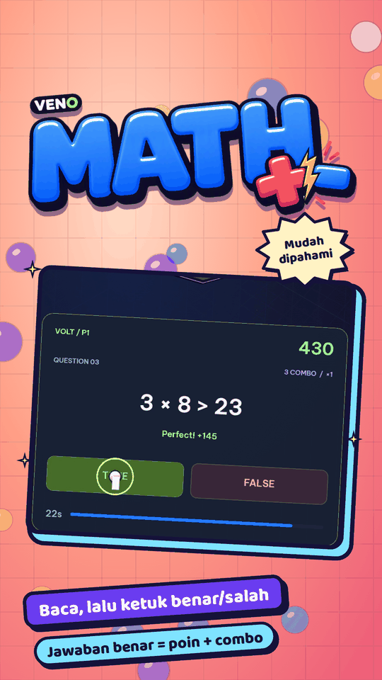 Layar vertikal VENO Math, 3 × 8 > 23 dijawab benar dengan bonus Perfect