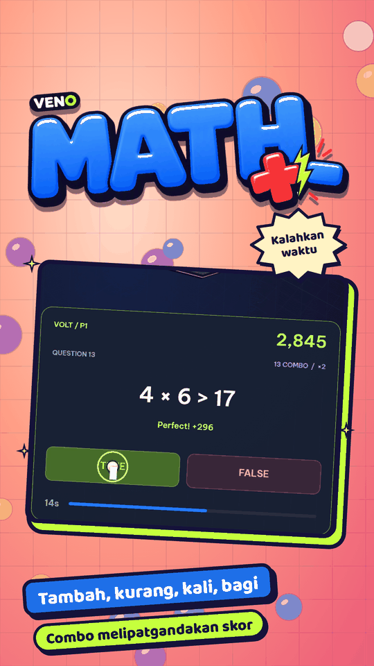 Soal ke-13 VENO Math: 4 × 6 > 17, 13 combo dan bilah waktu