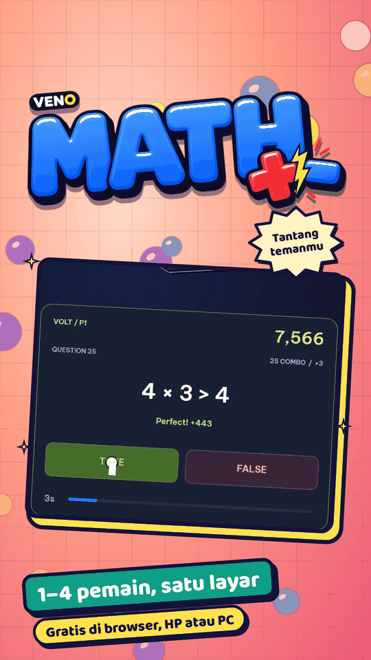 Akhir ronde VENO Math dengan 4 × 3 > 4, 25 combo dan sisa 3 detik