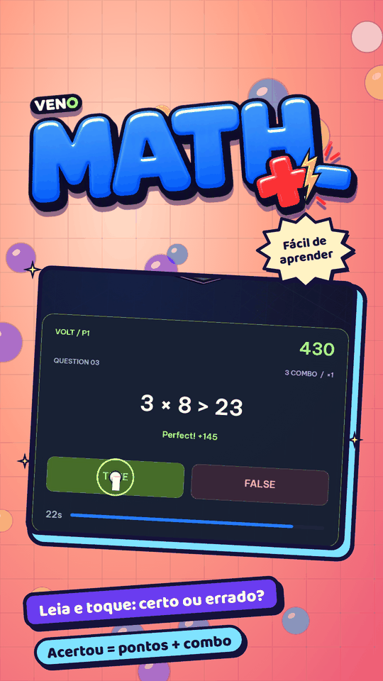 Tela vertical do VENO Math com 3 × 8 > 23 respondida como verdadeira