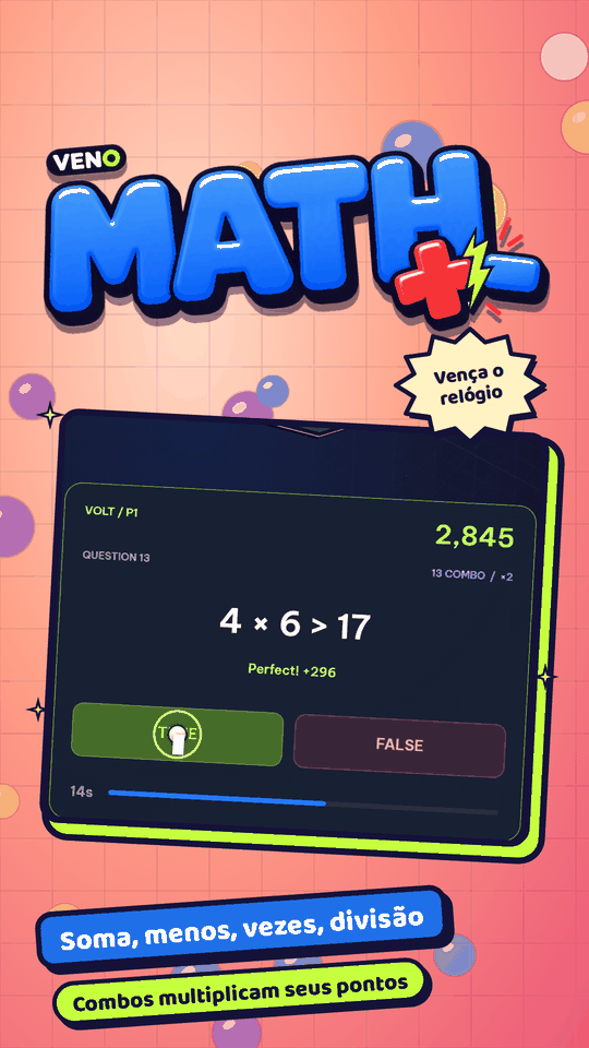 Pergunta 13 do VENO Math: 4 × 6 > 17, combo 13 e barra de tempo