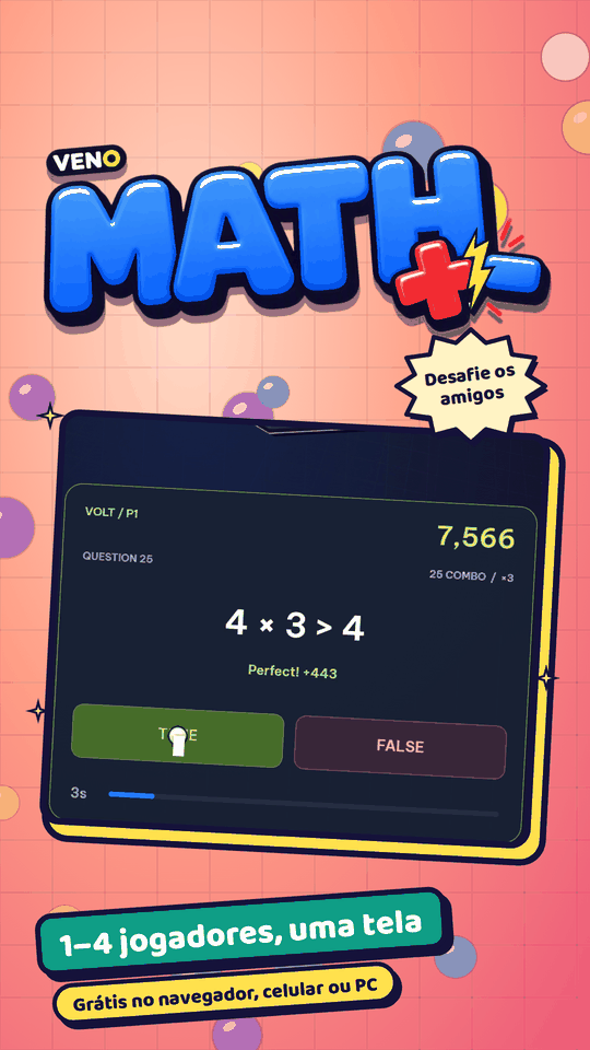 Fim de rodada no VENO Math com 4 × 3 > 4, combo 25 e 3 segundos