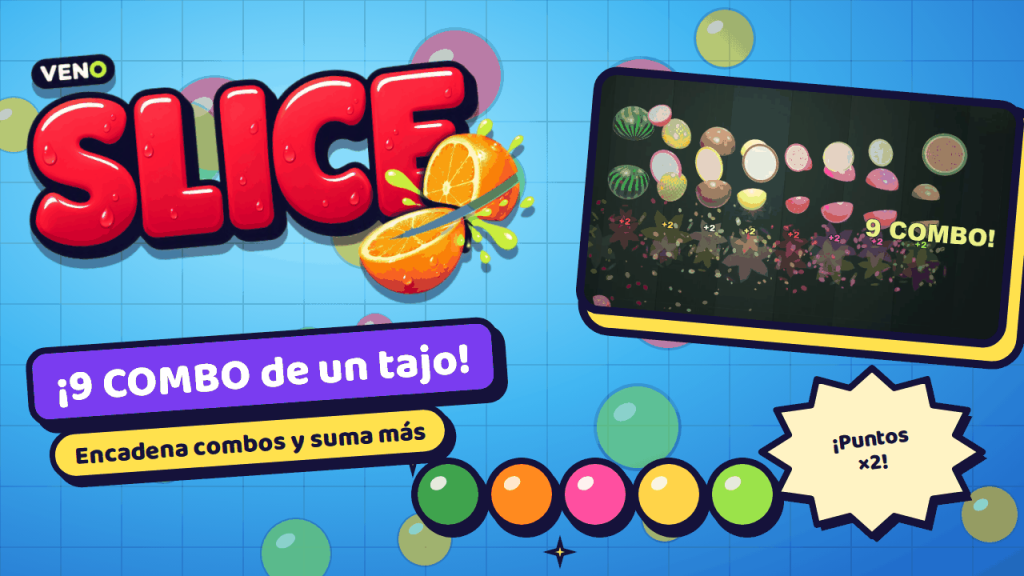 Decenas de mitades de fruta salen volando tras un combo de 9 con Frenesí y Puntos ×2