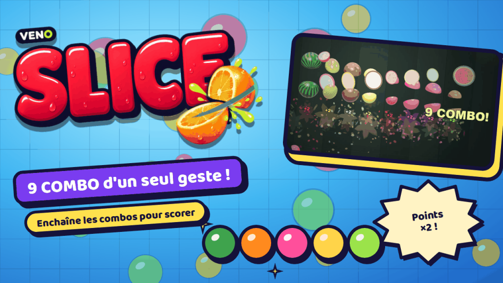 Des dizaines de moitiés de fruits volent après un combo de 9 pendant Frénésie et Points ×2