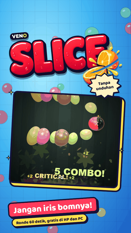 Sebuah bom melayang di antara buah saat critical hit dan combo 5 muncul