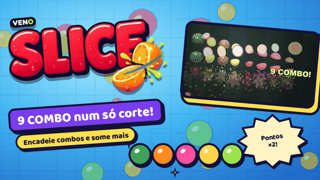 Dezenas de metades de frutas voam após um combo de 9 durante Frenesi e Pontos ×2